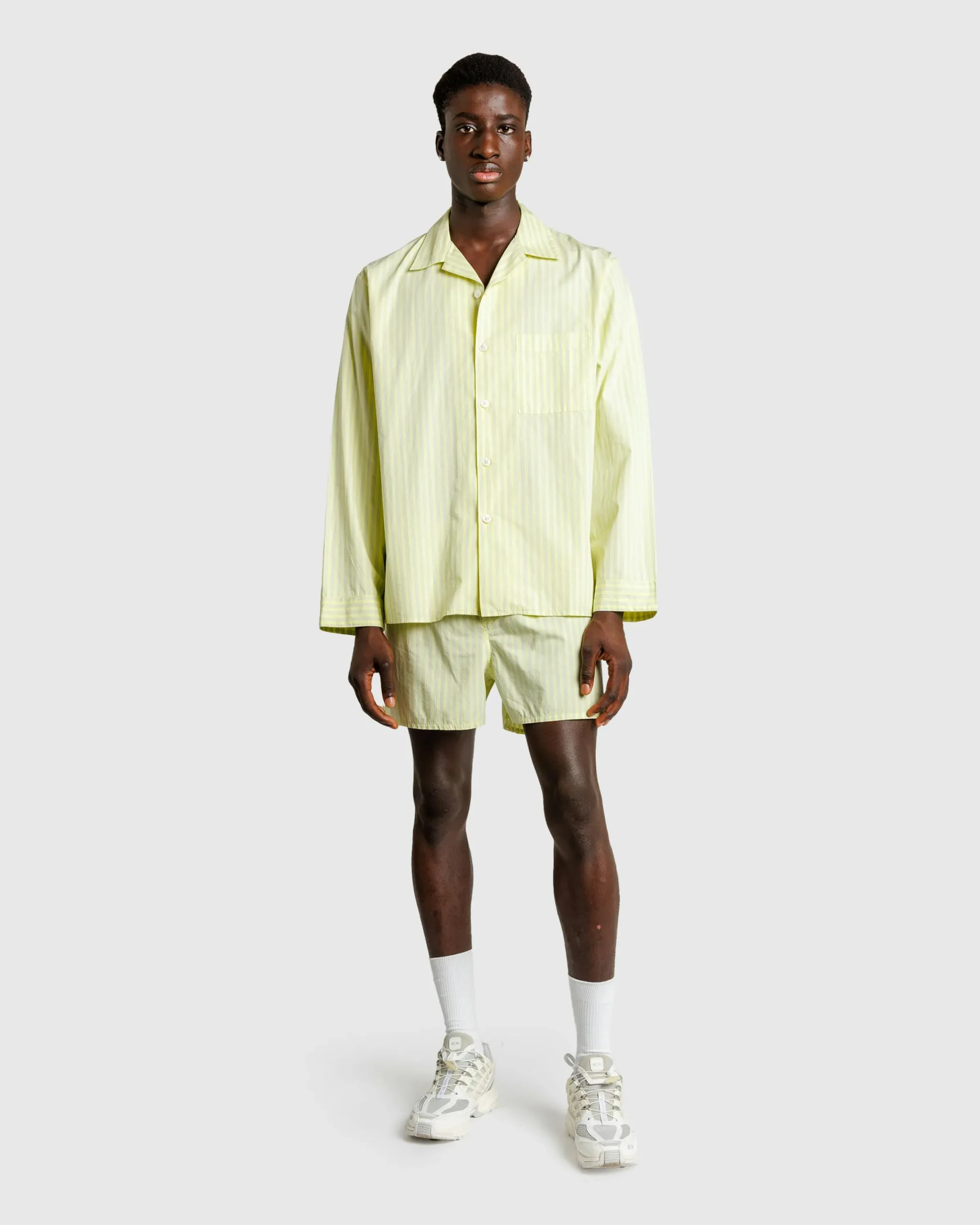 Tekla Cotton Poplin Pyjamas Shirt Light Moss Stripes- Underwear And Loungewear