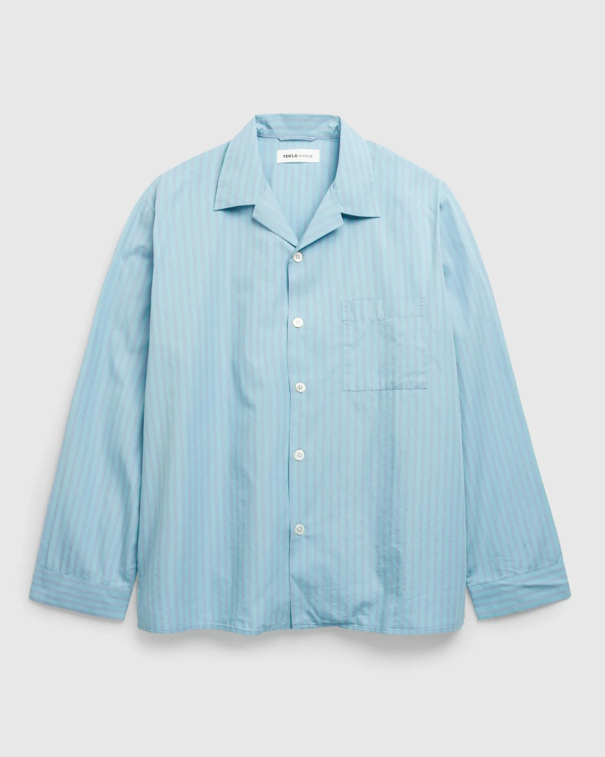 Tekla Cotton Poplin Pyjamas Shirt Mist Stripes- Underwear And Loungewear