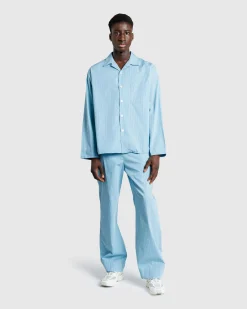 Tekla Cotton Poplin Pyjamas Shirt Mist Stripes- Underwear And Loungewear