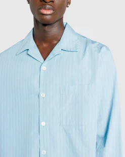 Tekla Cotton Poplin Pyjamas Shirt Mist Stripes- Underwear And Loungewear