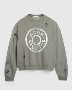 Acne Studios Distressed Logo Print Sweater Moss Green- Sweats