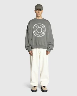 Acne Studios Distressed Logo Print Sweater Moss Green- Sweats