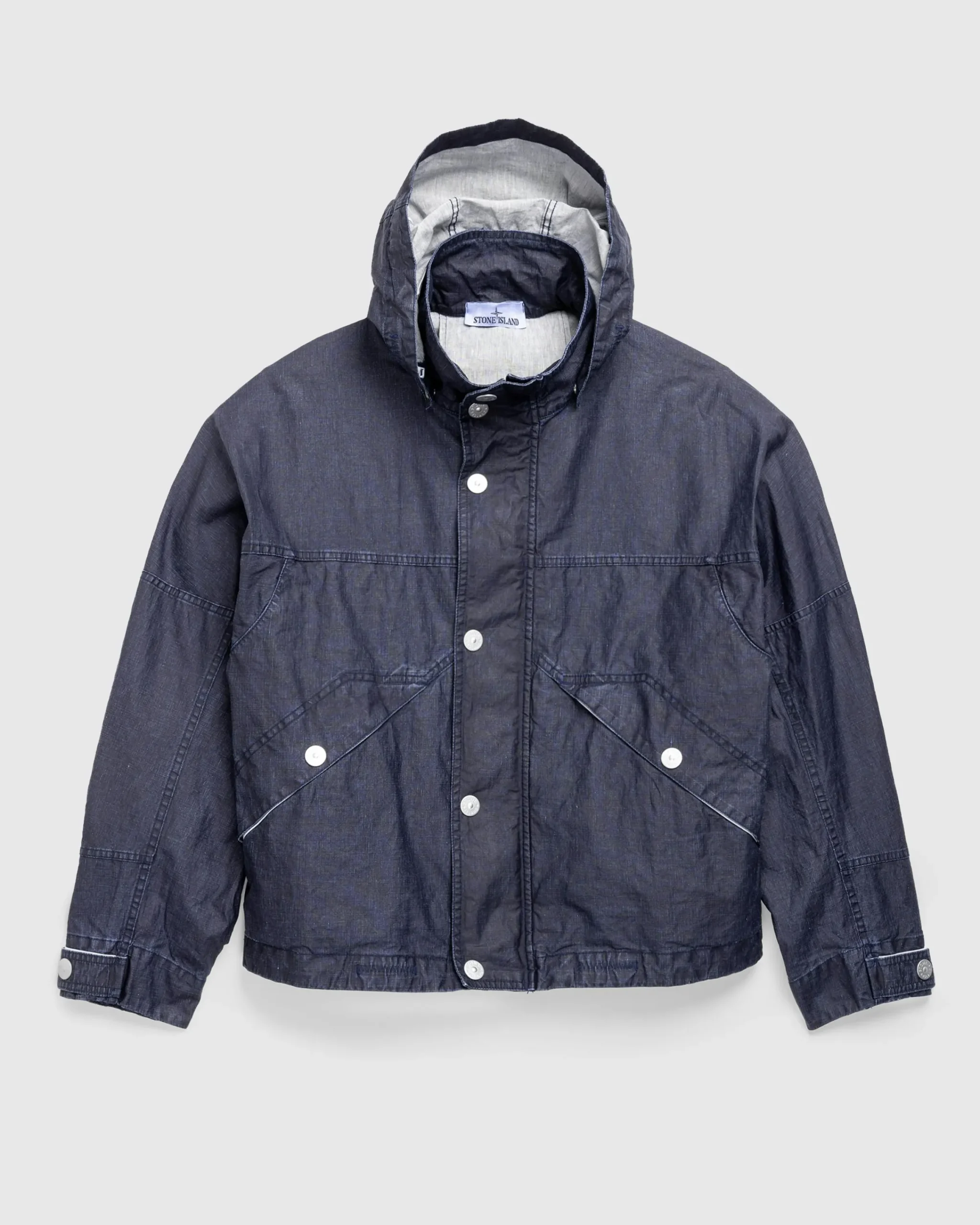 Stone Island Hooded Linen Jacket Royal Blue- Outerwear