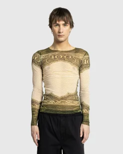 Jean Paul Gaultier Long-Sleeve Mesh Top Printed Cartouche- Tops