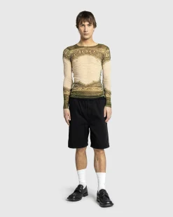 Jean Paul Gaultier Long-Sleeve Mesh Top Printed Cartouche- Tops