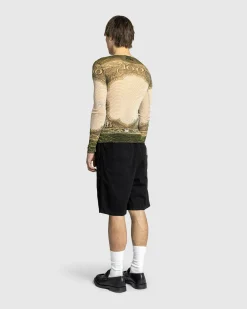 Jean Paul Gaultier Long-Sleeve Mesh Top Printed Cartouche- Tops