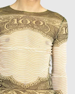 Jean Paul Gaultier Long-Sleeve Mesh Top Printed Cartouche- Tops