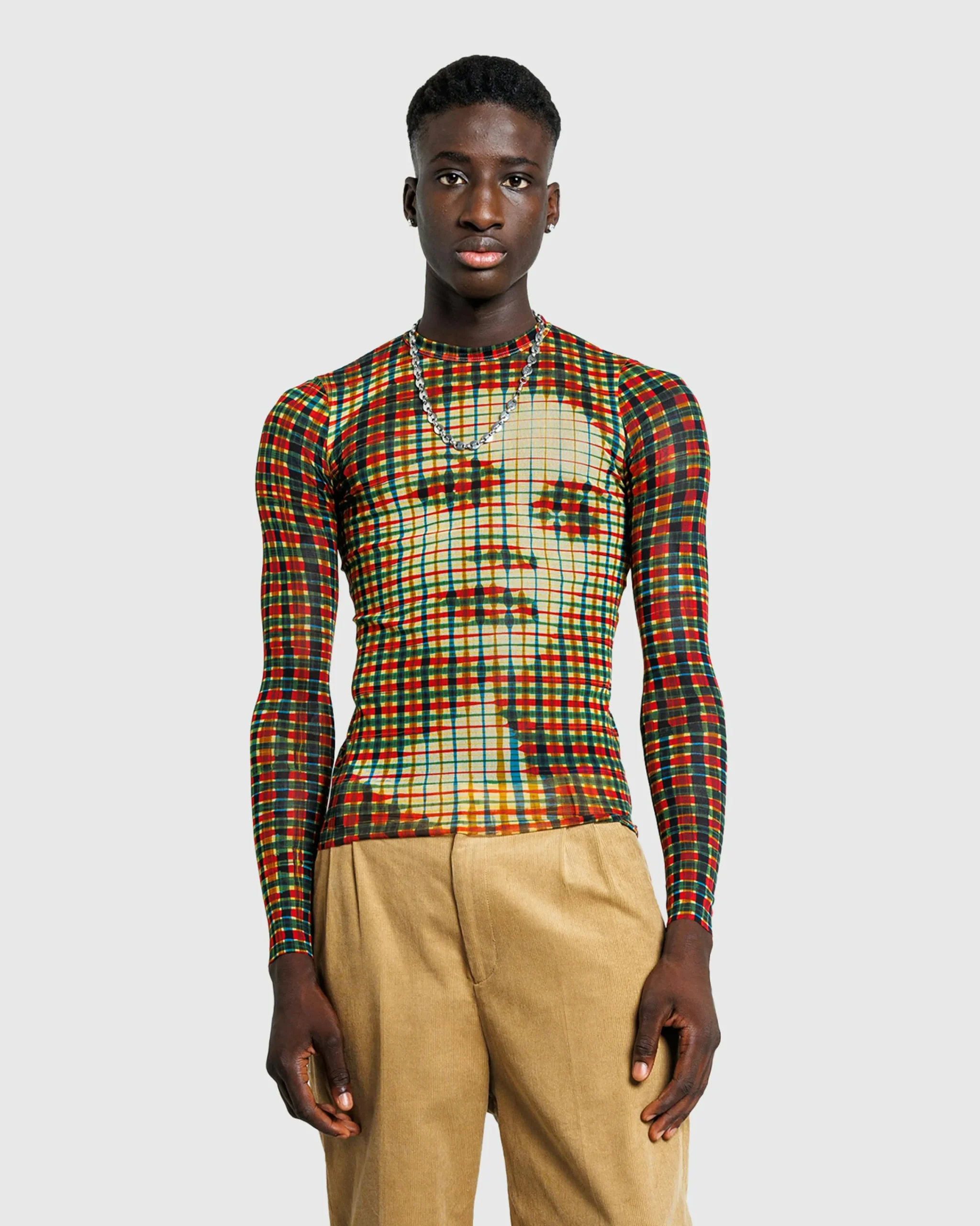 Jean Paul Gaultier Mesh Long-Sleeve Top Printed Tartan Face- Tops