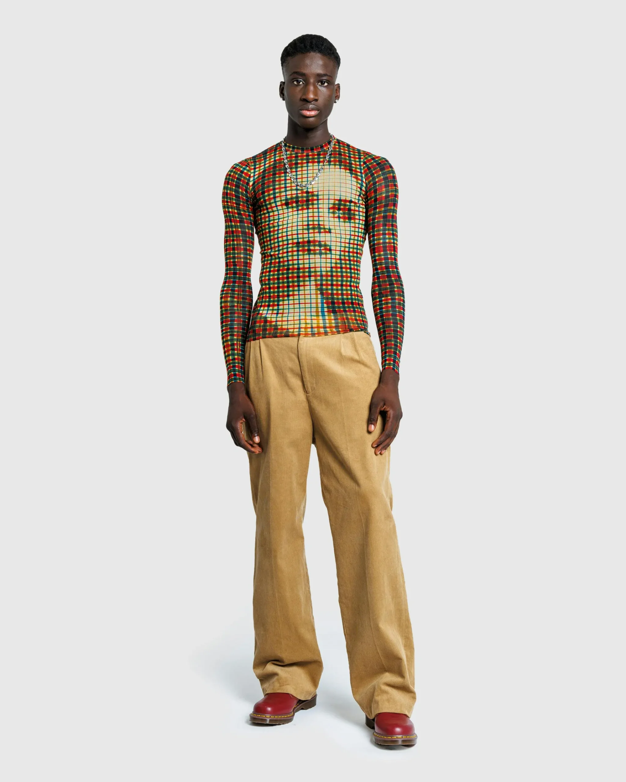 Jean Paul Gaultier Mesh Long-Sleeve Top Printed Tartan Face- Tops