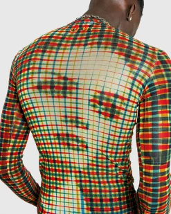 Jean Paul Gaultier Mesh Long-Sleeve Top Printed Tartan Face- Tops