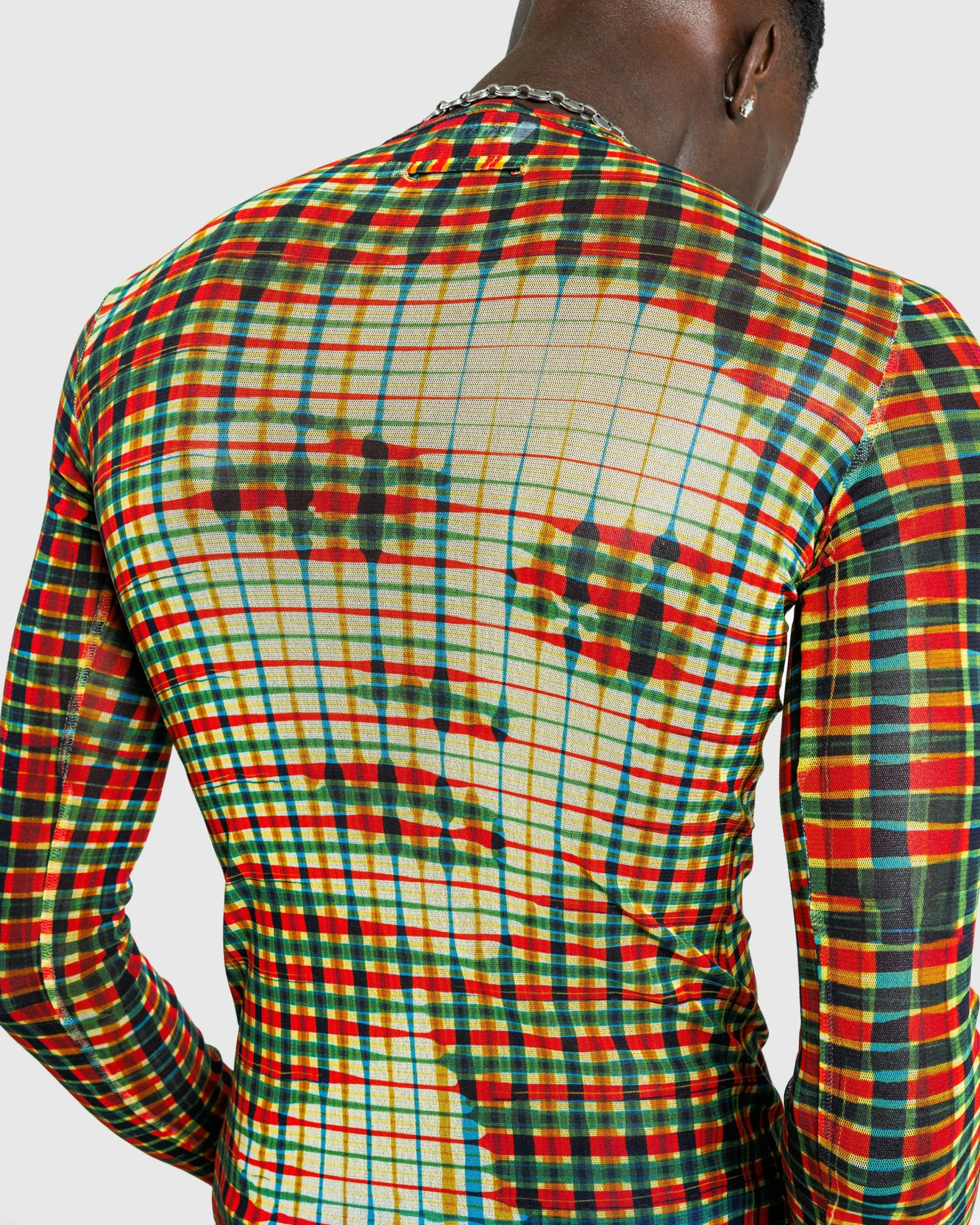 Jean Paul Gaultier Mesh Long-Sleeve Top Printed Tartan Face- Tops