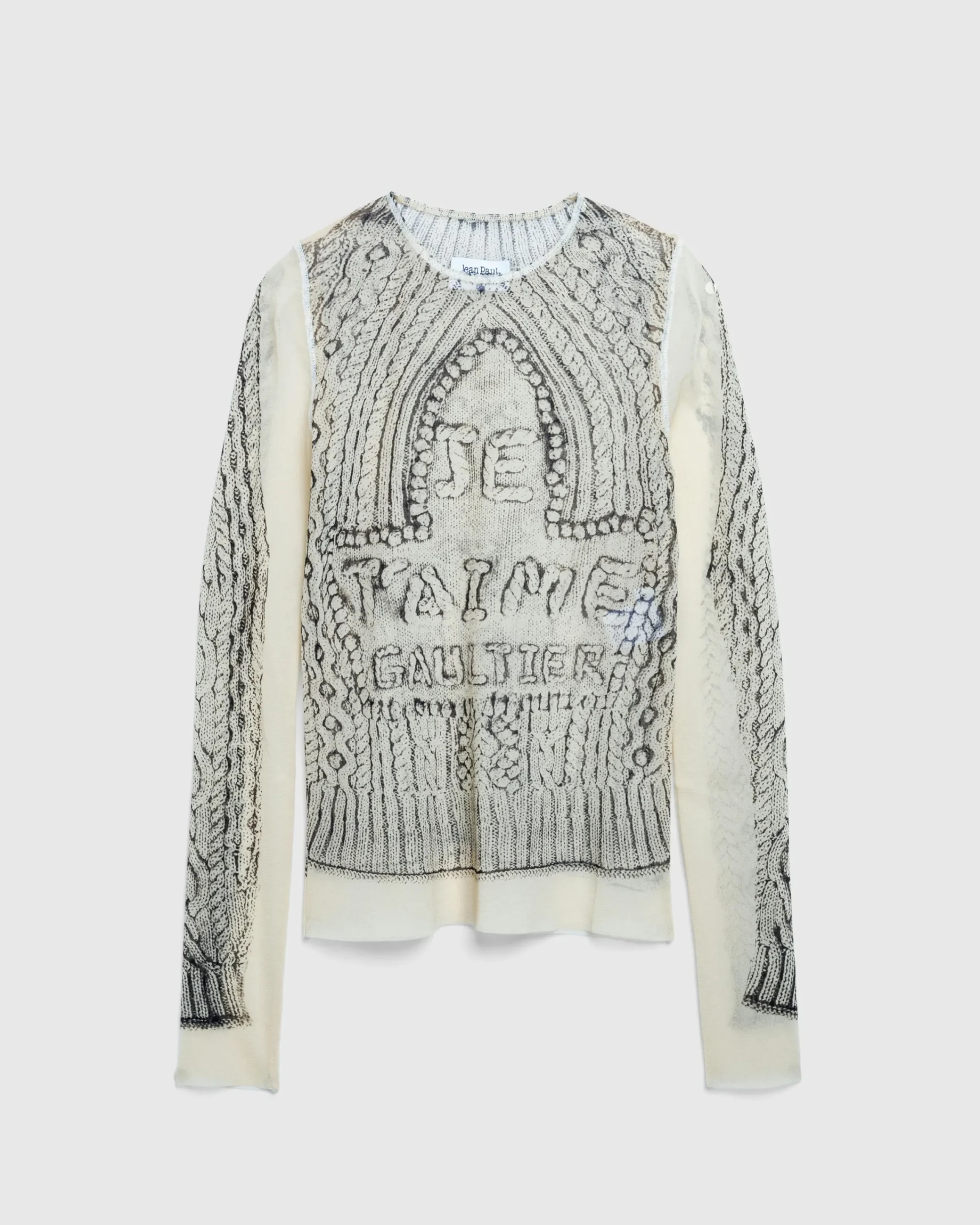 Jean Paul Gaultier Mesh Long-Sleeve Top Printed Pull Je T'Aime Light Beige/Black- Tops