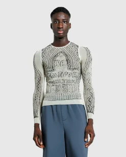 Jean Paul Gaultier Mesh Long-Sleeve Top Printed Pull Je T'Aime Light Beige/Black- Tops