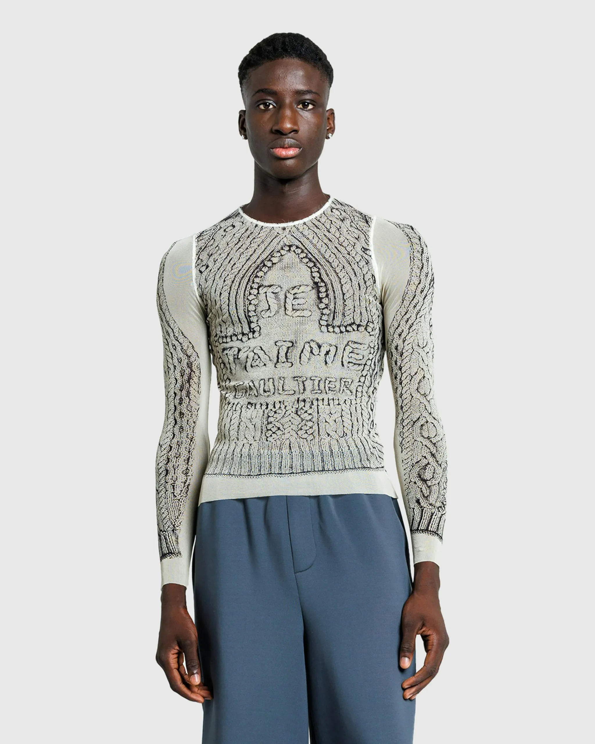 Jean Paul Gaultier Mesh Long-Sleeve Top Printed Pull Je T'Aime Light Beige/Black- Tops