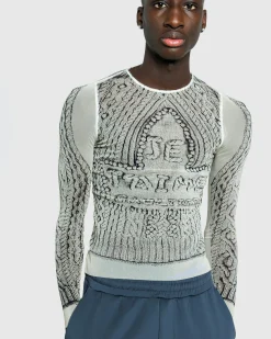 Jean Paul Gaultier Mesh Long-Sleeve Top Printed Pull Je T'Aime Light Beige/Black- Tops