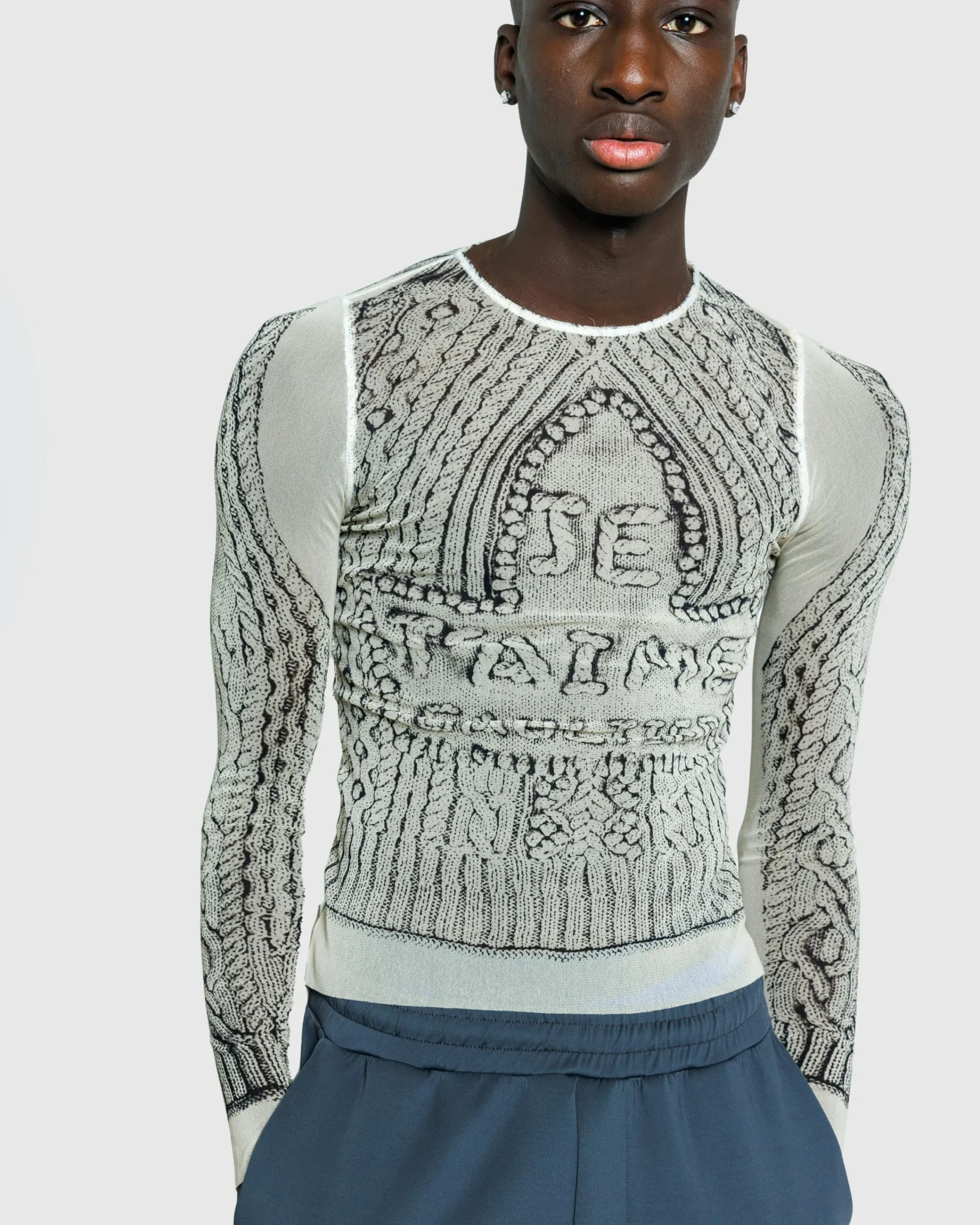 Jean Paul Gaultier Mesh Long-Sleeve Top Printed Pull Je T'Aime Light Beige/Black- Tops