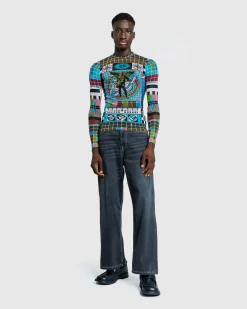 Jean Paul Gaultier Mesh Long-Sleeve Top Printed Mire Blue/Multi- Tops