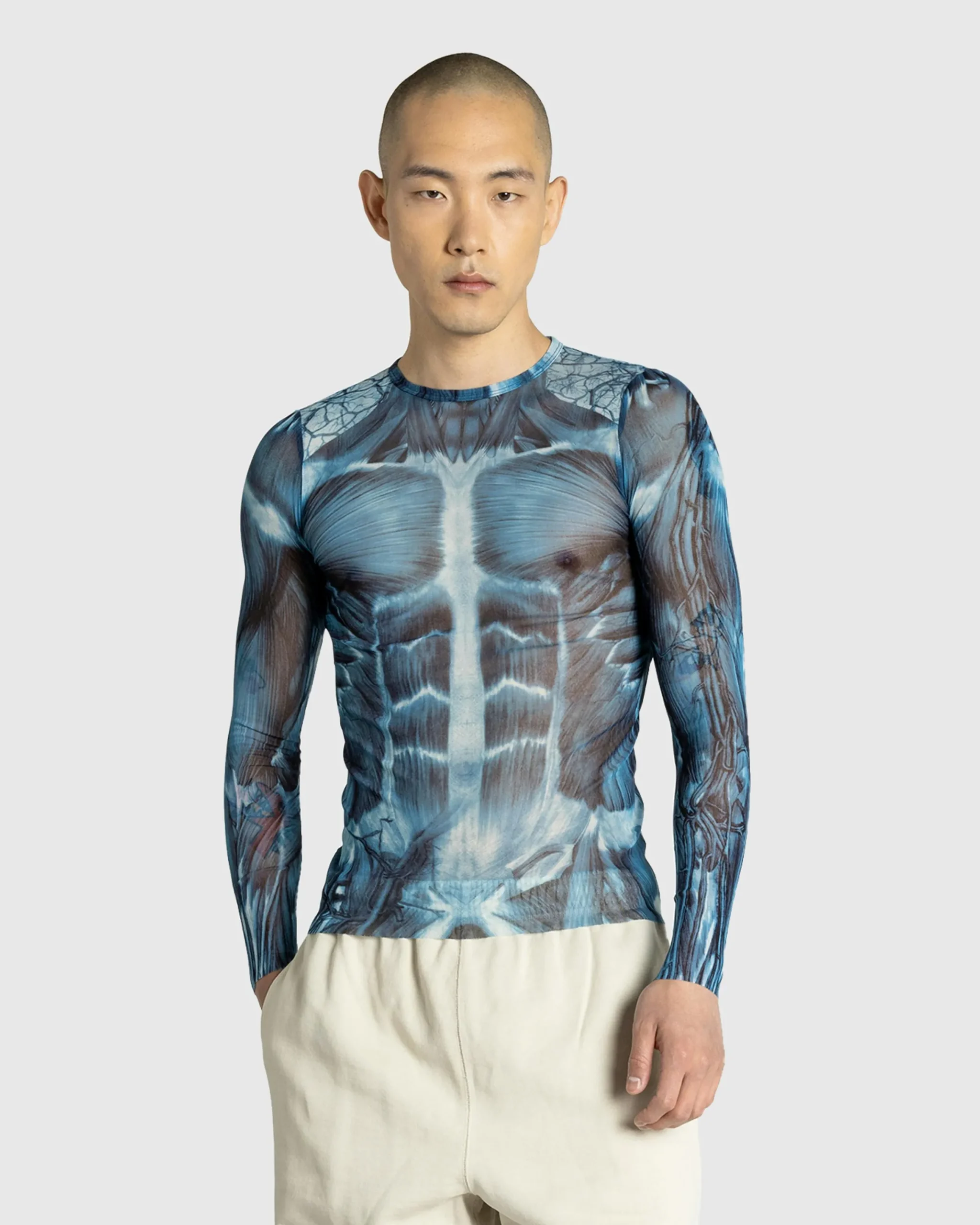 Jean Paul Gaultier Mesh Long-Sleeve Top Printed "Ecorche" Blue/Light blue/White- Tops