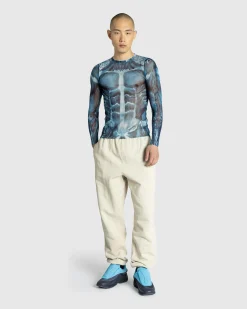 Jean Paul Gaultier Mesh Long-Sleeve Top Printed "Ecorche" Blue/Light blue/White- Tops