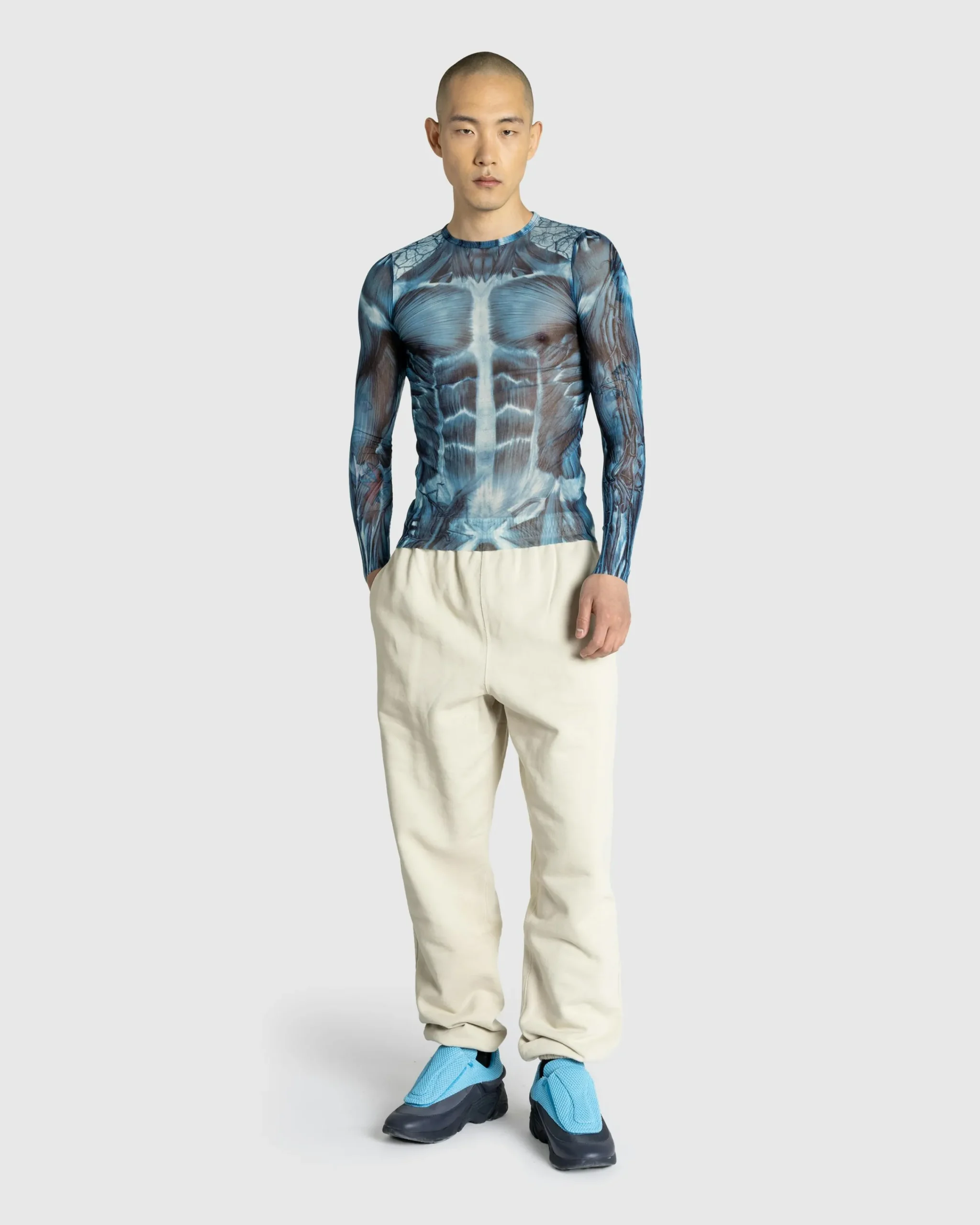 Jean Paul Gaultier Mesh Long-Sleeve Top Printed "Ecorche" Blue/Light blue/White- Tops