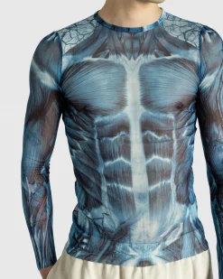Jean Paul Gaultier Mesh Long-Sleeve Top Printed "Ecorche" Blue/Light blue/White- Tops