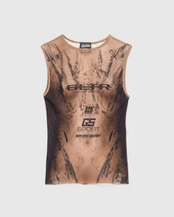 Jean Paul Gaultier Mesh Tank Top Printed "Body" Dark Nude/Black- Tops