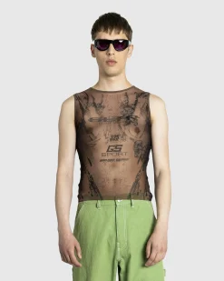 Jean Paul Gaultier Mesh Tank Top Printed "Body" Dark Nude/Black- Tops