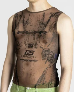Jean Paul Gaultier Mesh Tank Top Printed "Body" Dark Nude/Black- Tops
