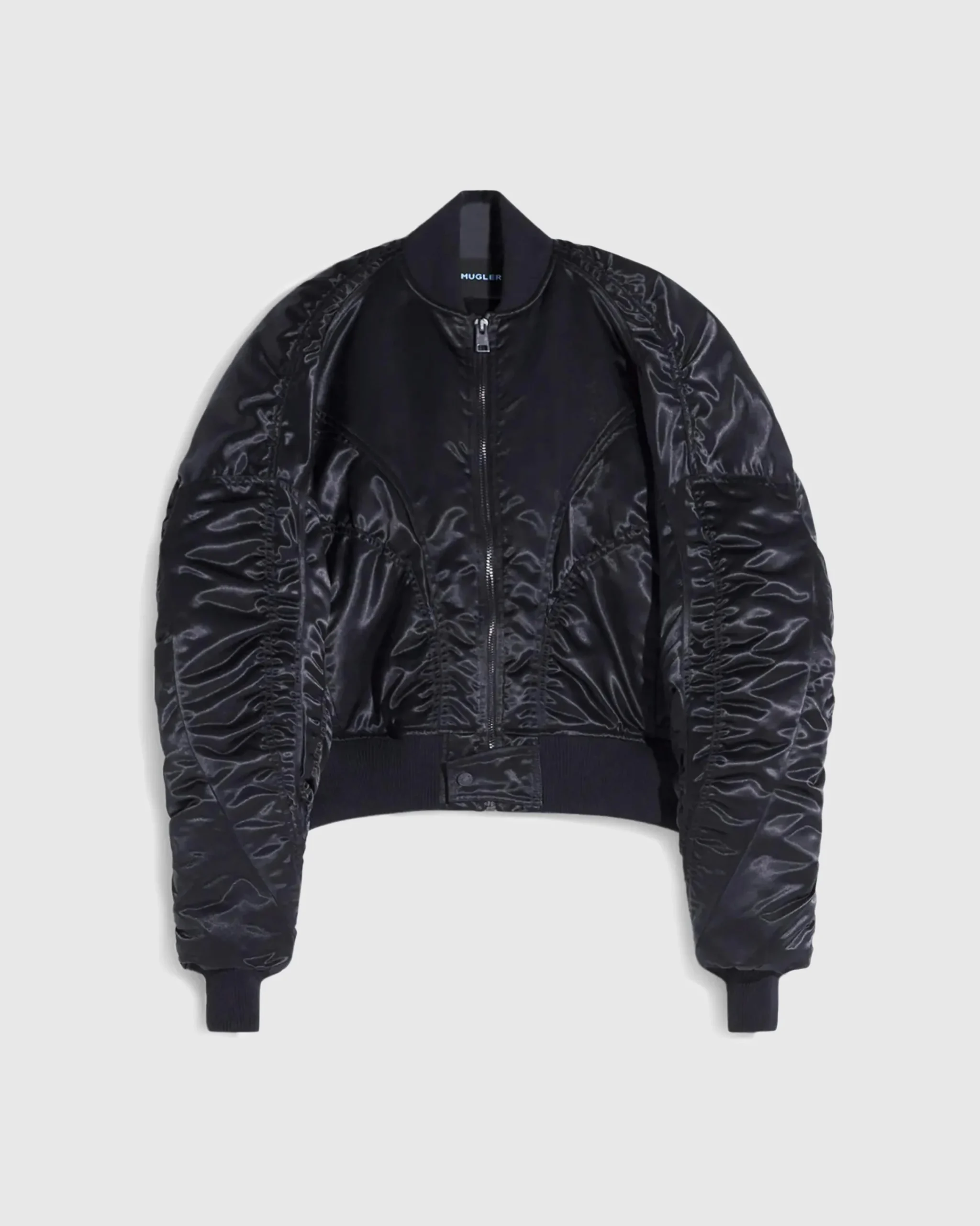 Mugler Satin Bomber Jacket Black- Outerwear