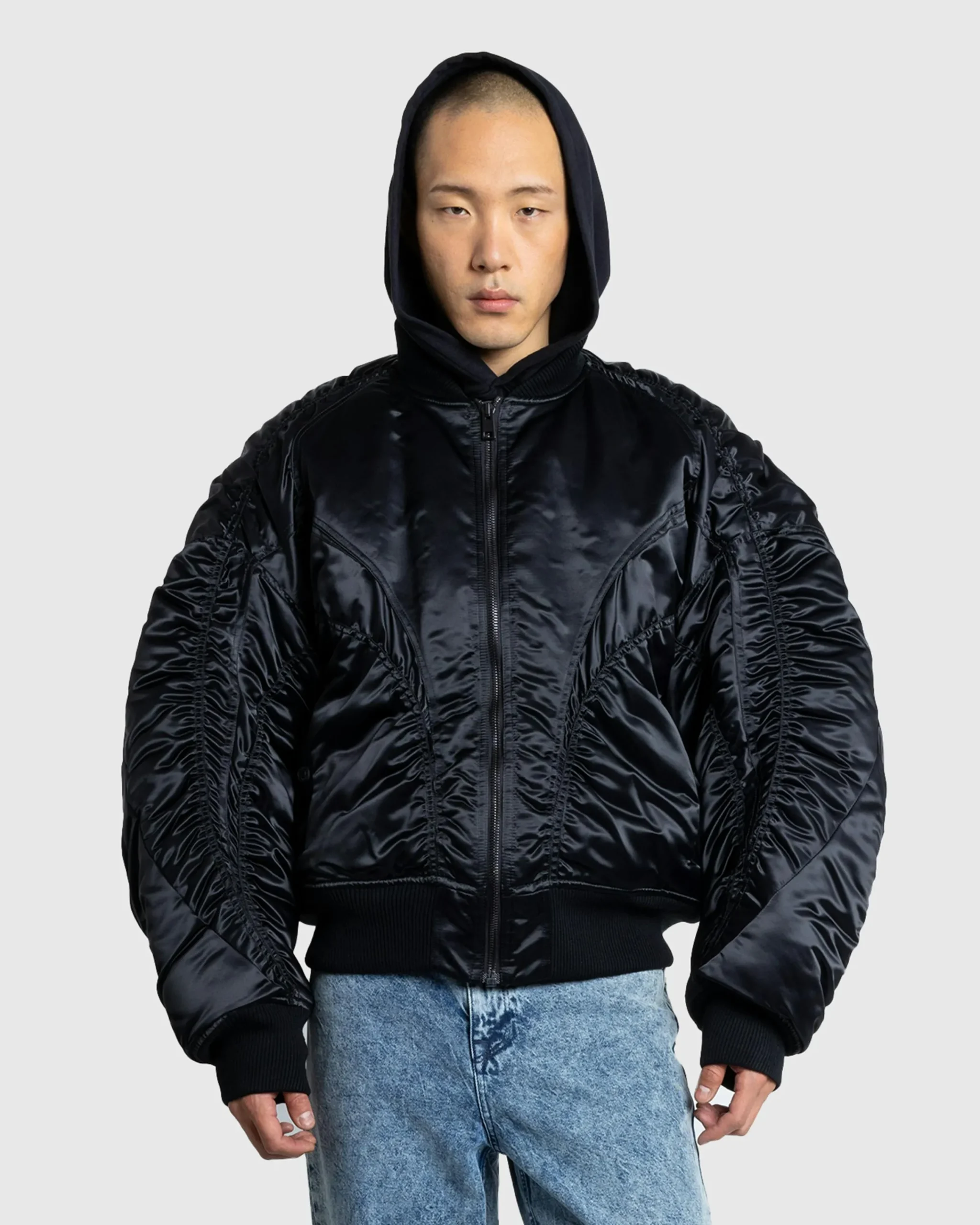 Mugler Satin Bomber Jacket Black- Outerwear