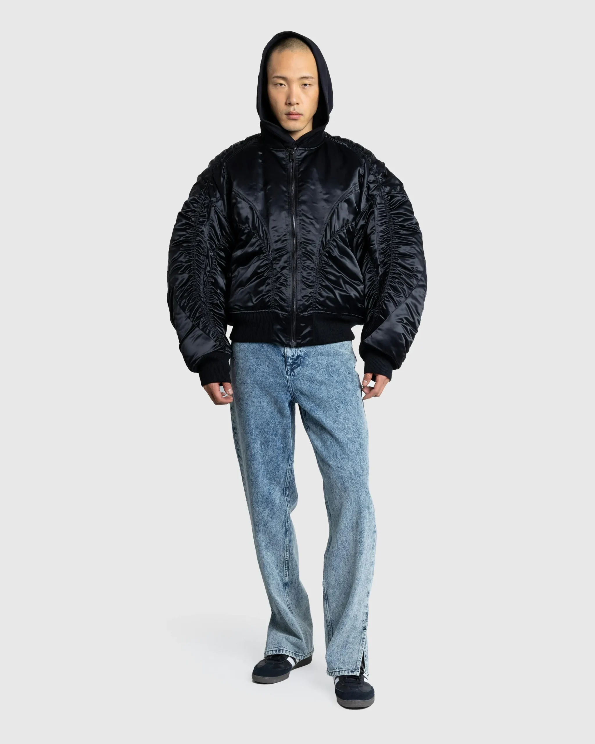 Mugler Satin Bomber Jacket Black- Outerwear