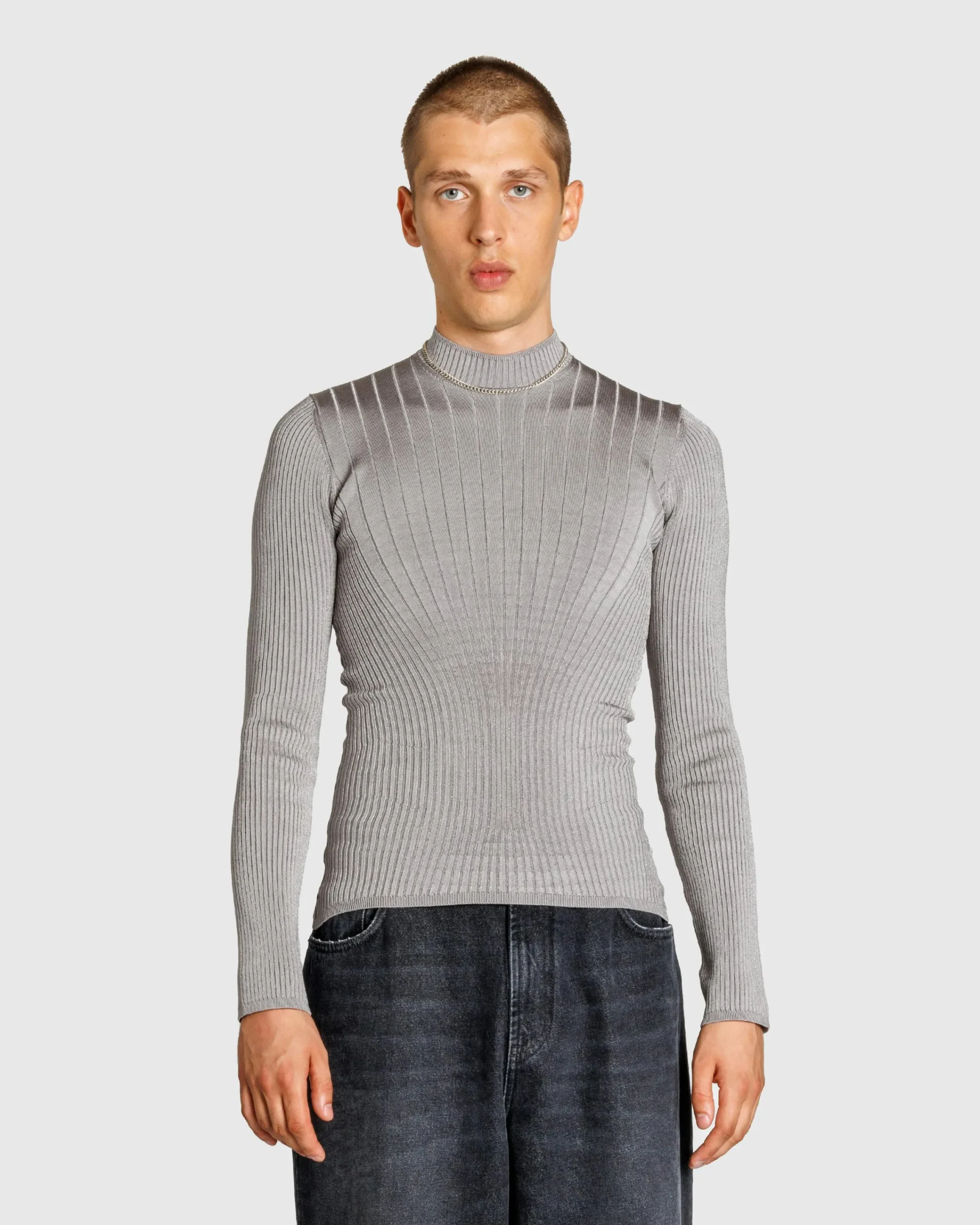Mugler Sculpting Knit Top Grey Melange- Knitwear
