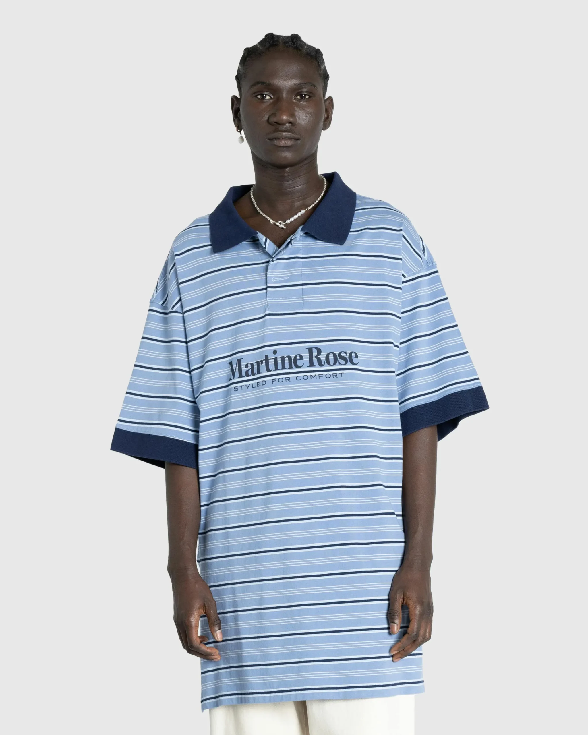 Martine Rose Stretched Polo Blue Stripe- Tops