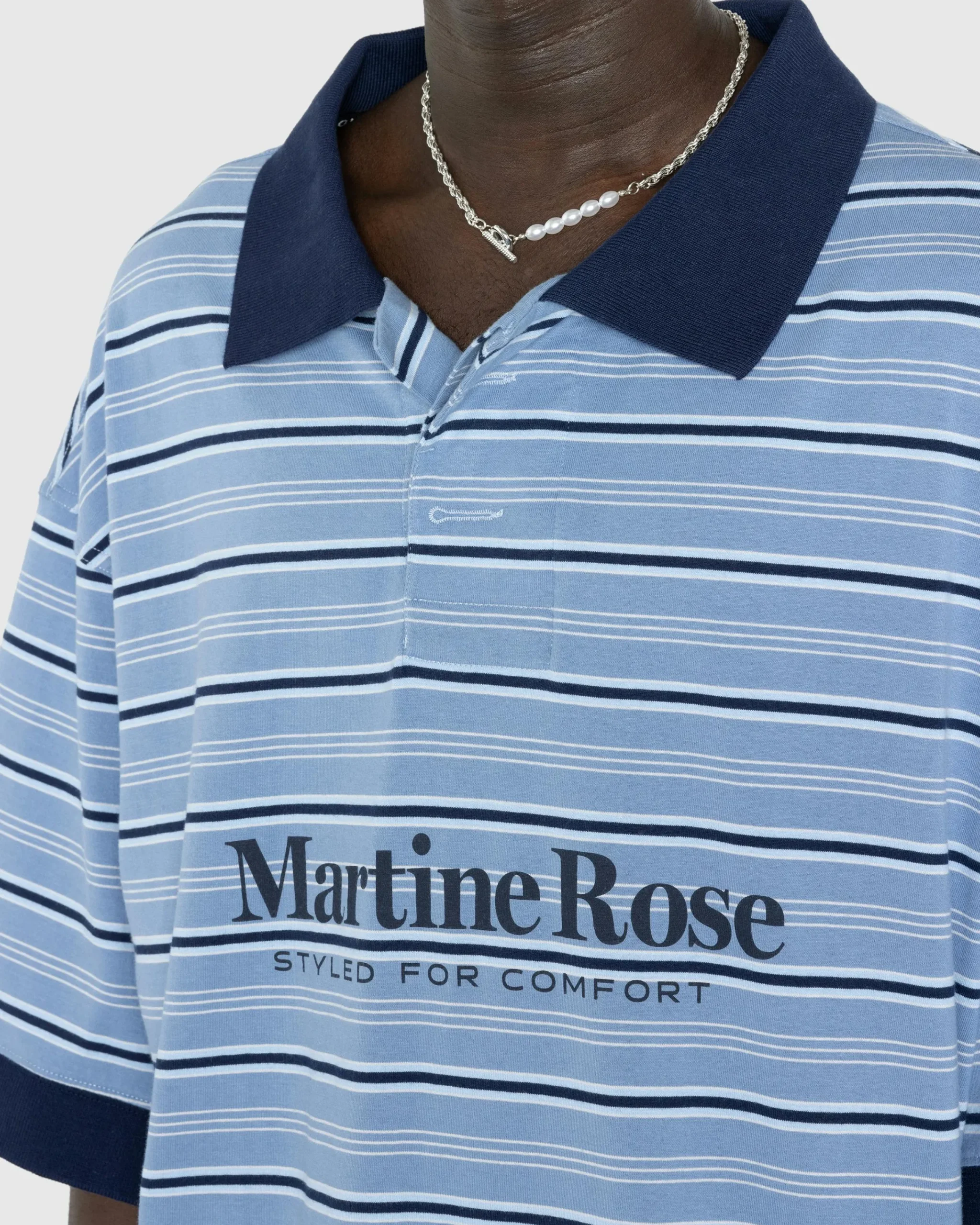 Martine Rose Stretched Polo Blue Stripe- Tops