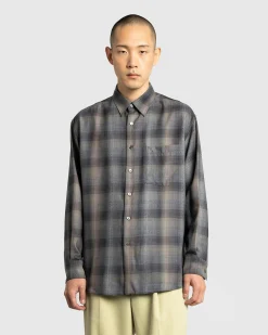 Auralee Super Light Wool Check Shirt Charcoal Grey- Shirts