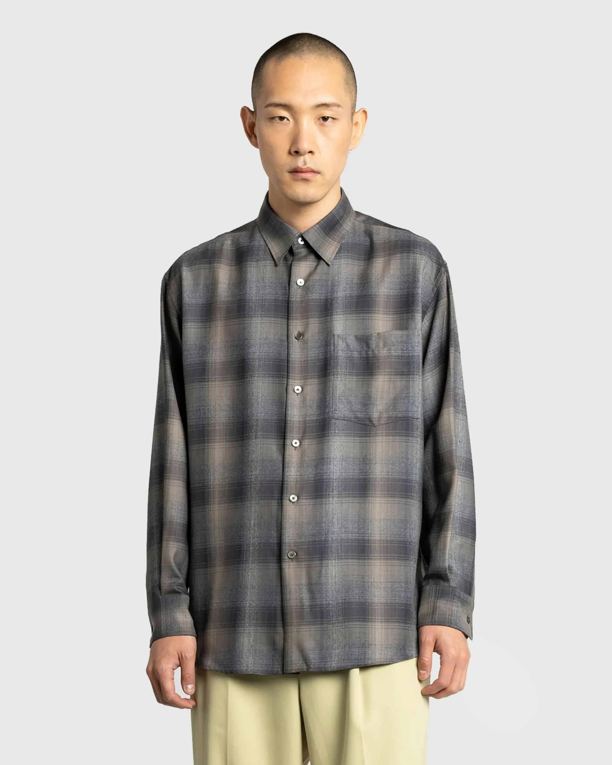 Auralee Super Light Wool Check Shirt Charcoal Grey- Shirts