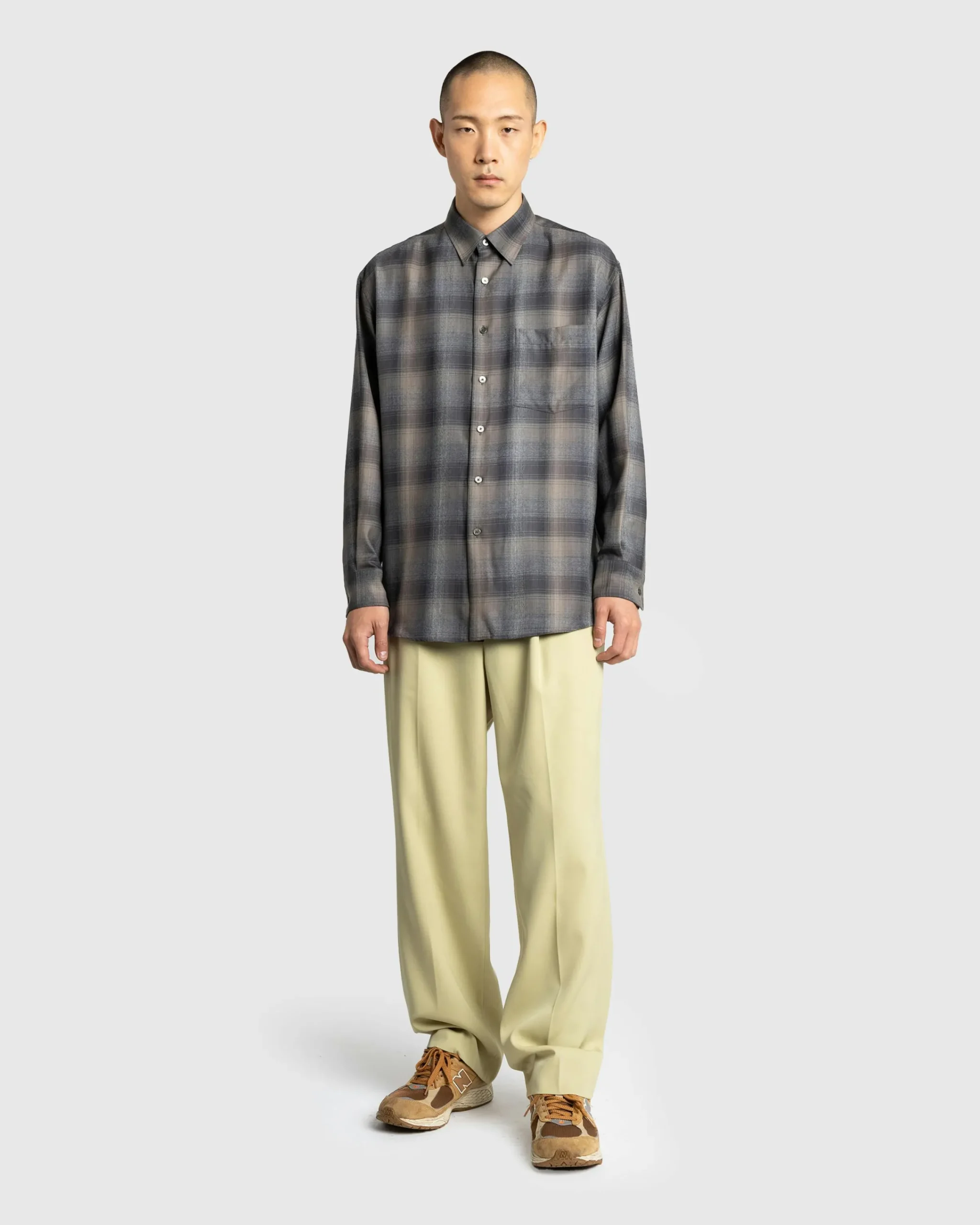 Auralee Super Light Wool Check Shirt Charcoal Grey- Shirts