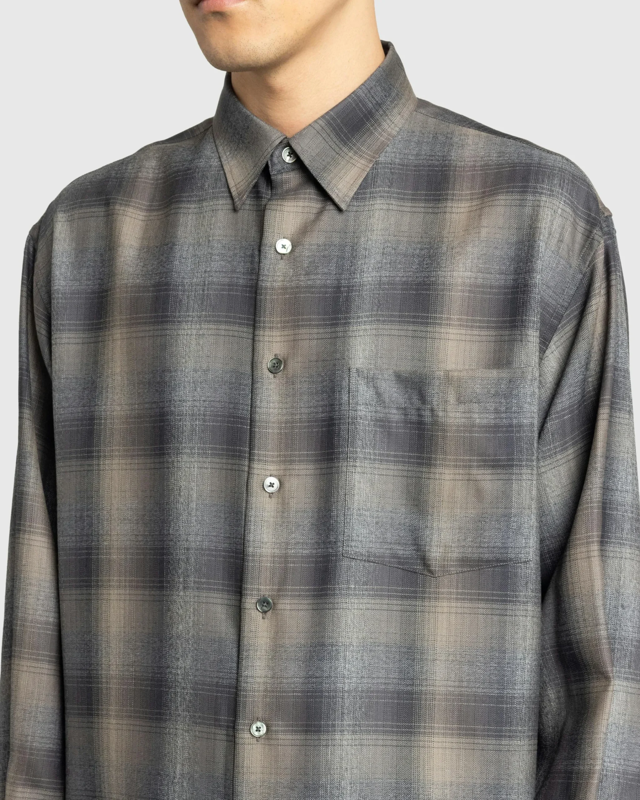 Auralee Super Light Wool Check Shirt Charcoal Grey- Shirts