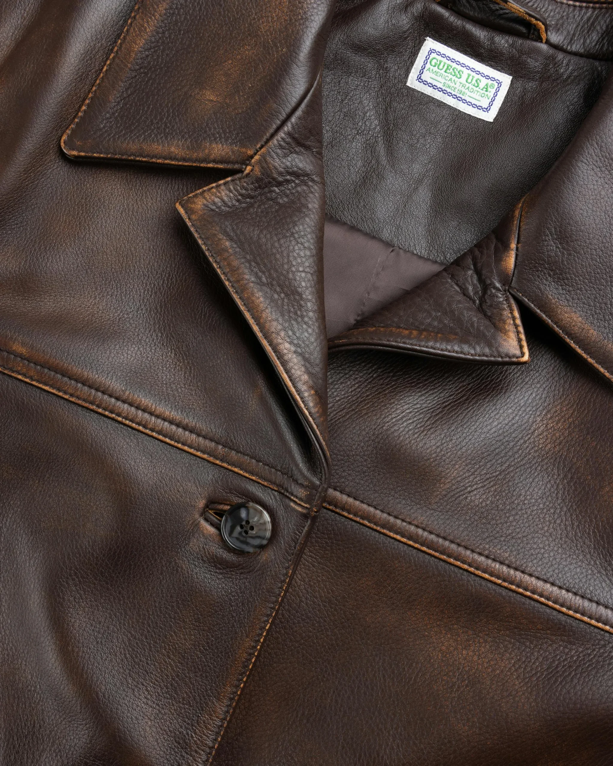 Guess USA Vintage Leather Jacket Chocolate Mousse- Outerwear