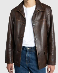 Guess USA Vintage Leather Jacket Chocolate Mousse- Outerwear