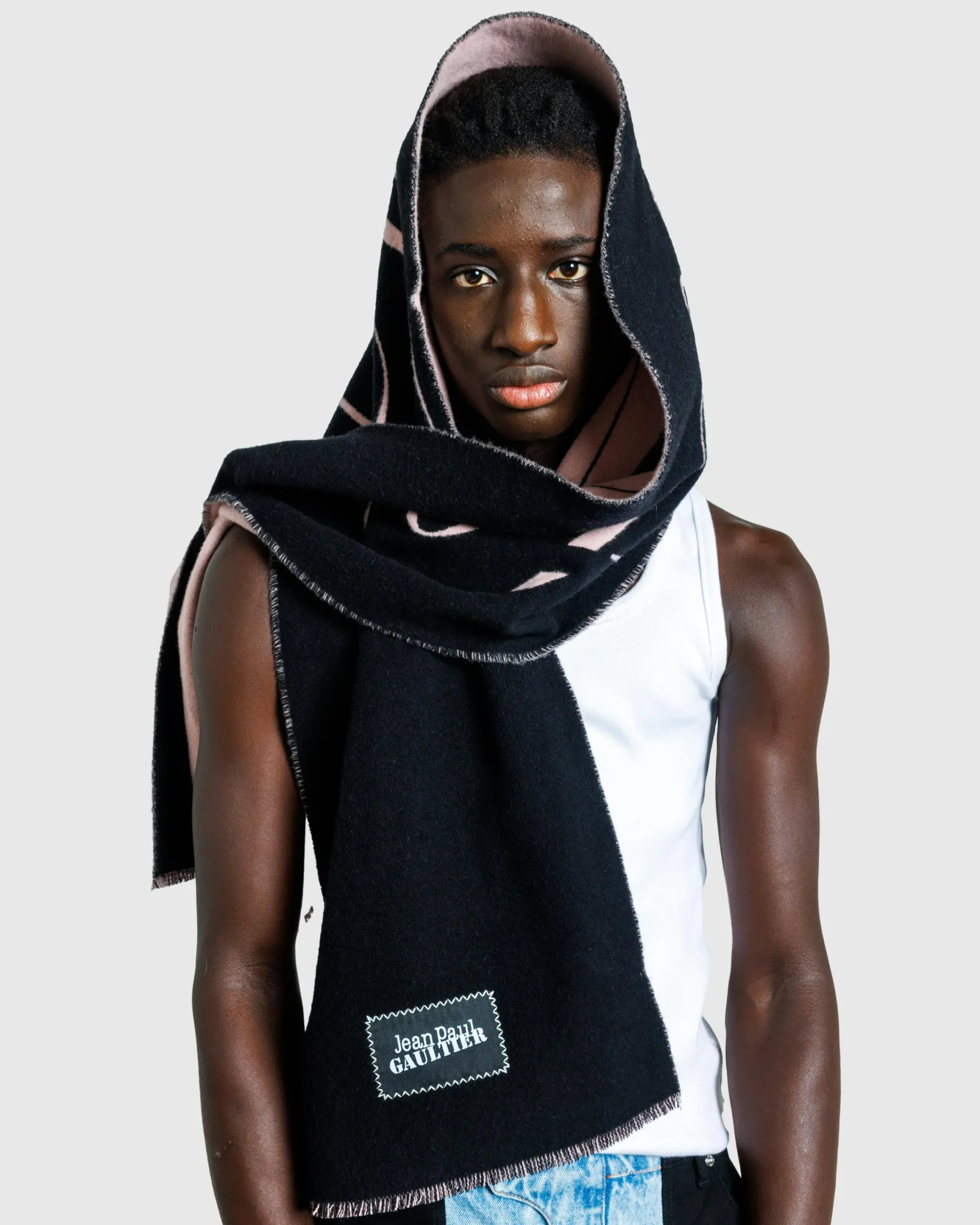 Jean Paul Gaultier Wool Scarf With Gaultier Signature Black/Pale Pink- Scarves