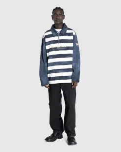 Martine Rose Zip Up Polo Navy/White Stripe- Tops